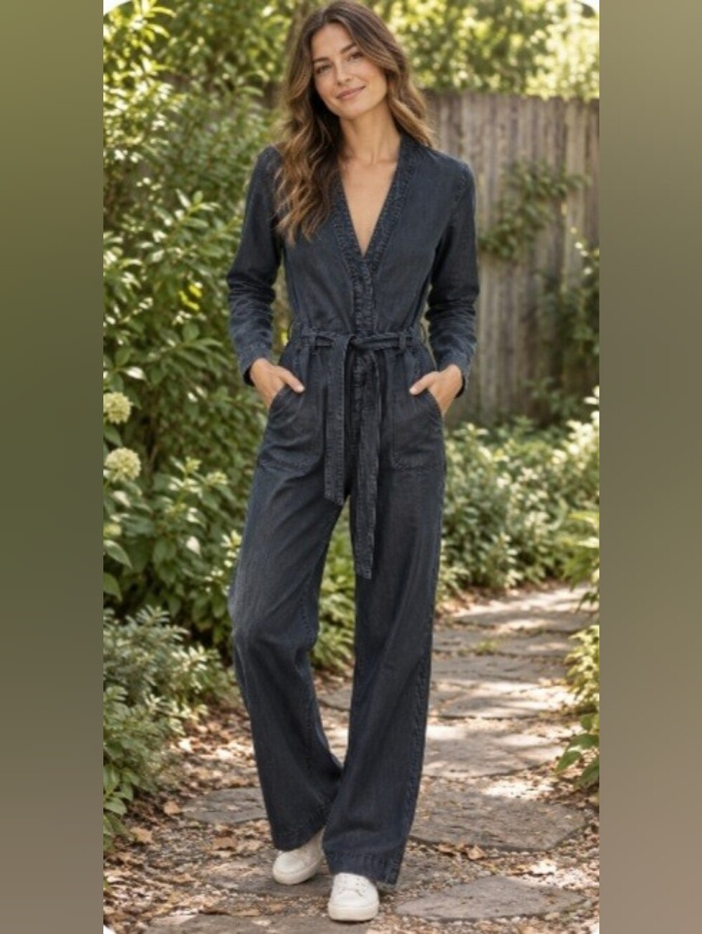 Free People Washed Charcoal V-Neck Tie-Waist Jumpsuit